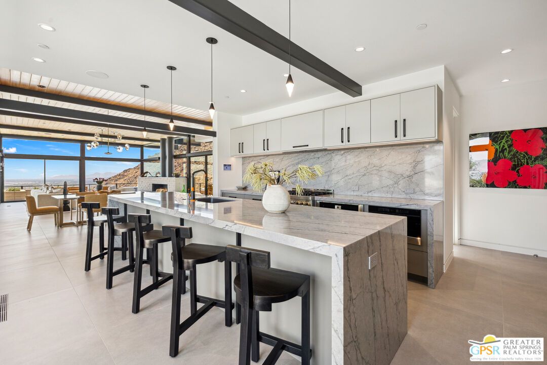 Dining room, Interior, Kitchen, Marble Walls, Pendant Lights, Recessed Lighting, Stainless Steel Appliances, Water