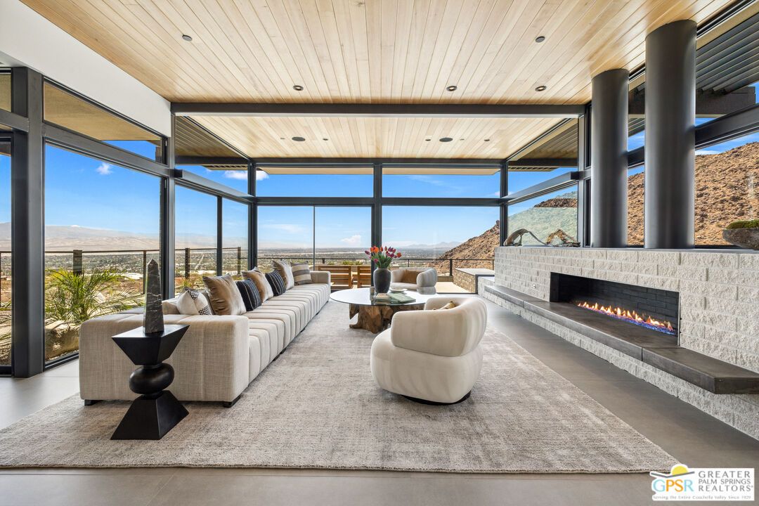 Fireplace, Interior, Living room, Recessed Lighting, Sun Room, Wooden Ceilings