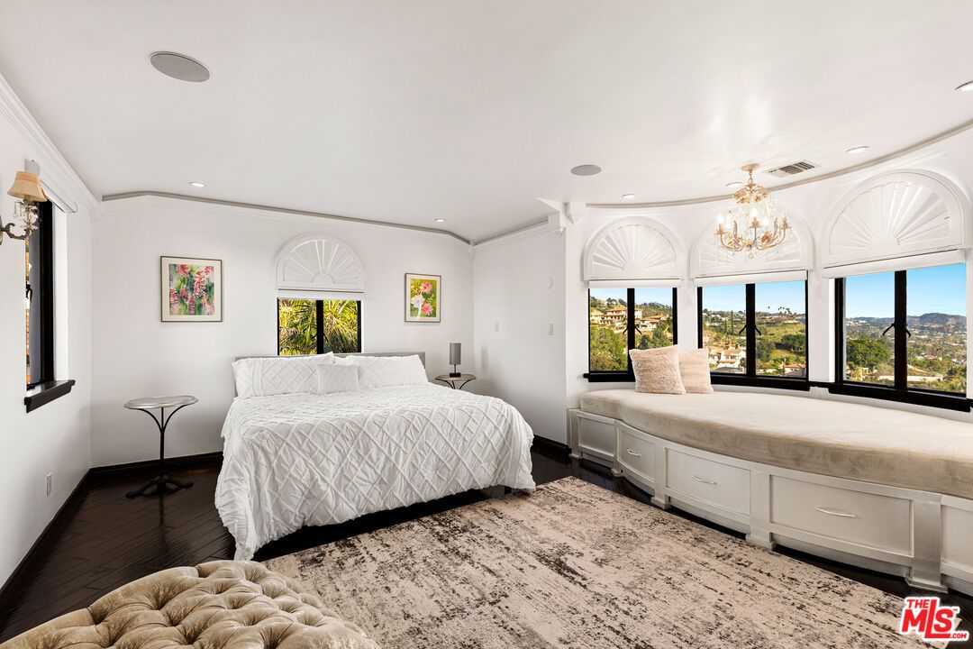 Bedroom, Chandelier, Interior, Recessed Lighting, Wood Texture Flooring