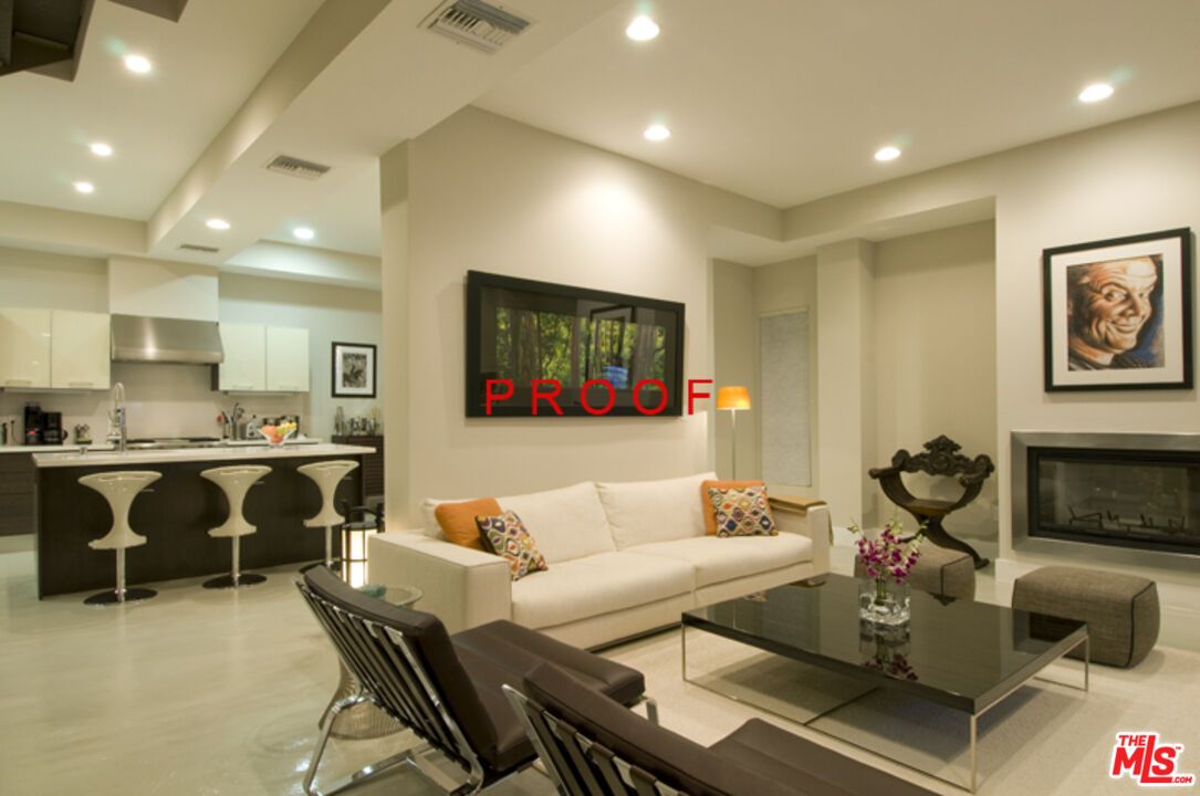 Fireplace, Interior, Kitchen, Living room, Recessed Lighting, Stainless Steel Appliances