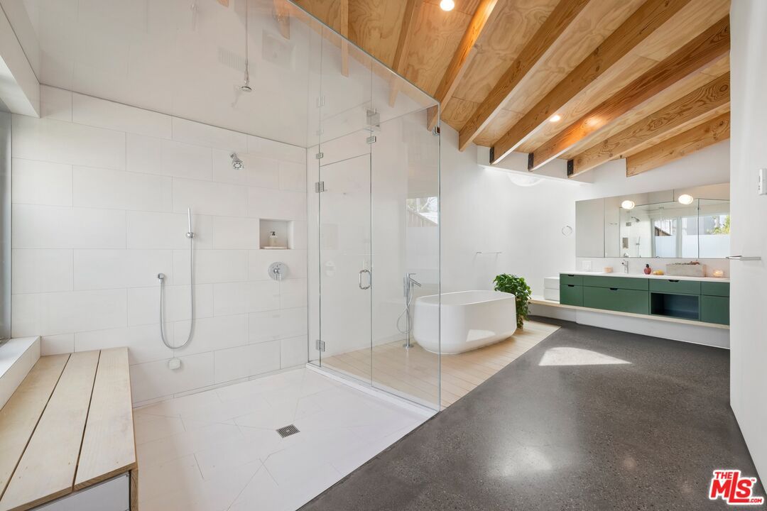 Bathroom, Free Standing Baths, Glass Shower, Interior, Recessed Lighting, Wooden Beams, Wooden Ceilings