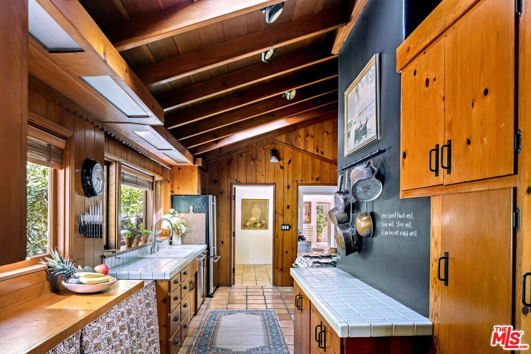 Interior, Kitchen, Tile Countertops, Wooden Beams, Wooden Ceilings, Wooden Walls