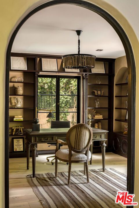 Chandelier, Home Office, Interior, Wood Texture Flooring