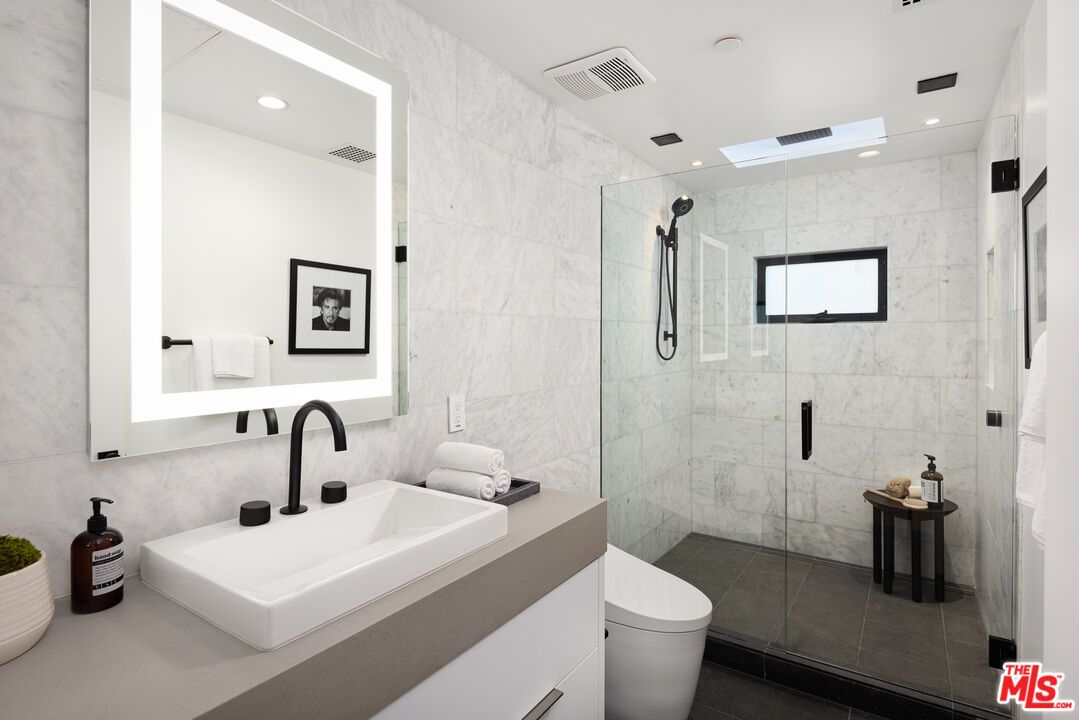 Bathroom, Glass Shower, Interior, Marble Walls, Recessed Lighting