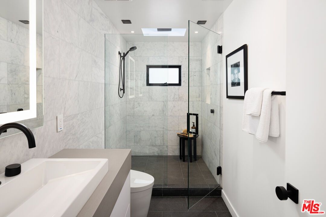 Bathroom, Glass Shower, Interior, Marble Walls, Recessed Lighting