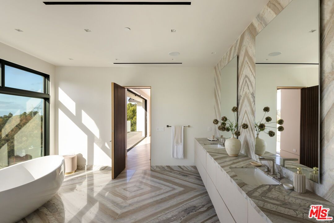 Bathroom, Dual Sink Vanities, Free Standing Baths, Interior, Recessed Lighting, Wood Texture Flooring