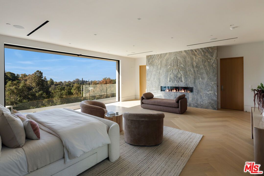 Bedroom, Fireplace, Interior, Marble Walls, Recessed Lighting, Wood Texture Flooring