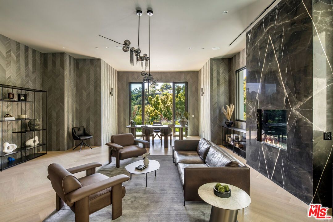 Dining room, Fireplace, Interior, Living room, Pendant Lights, Recessed Lighting, Wood Texture Flooring
