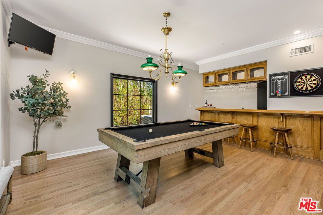 Billiard Table, Game Room, Interior, Pendant Lights, Recessed Lighting, Wood Texture Flooring