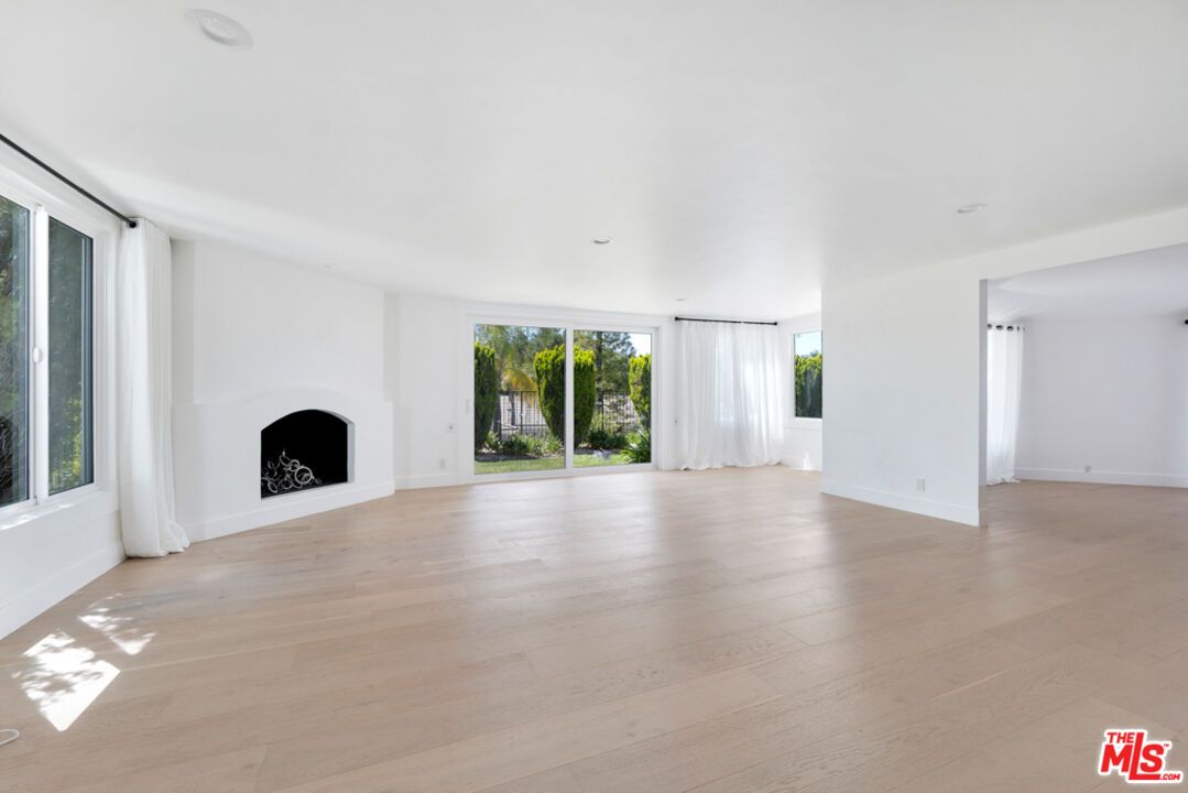 Empty room, Fireplace, Interior, Recessed Lighting, Wood Texture Flooring