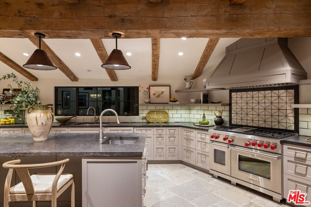 Interior, Kitchen, Pendant Lights, Recessed Lighting, Stainless Steel Appliances, Wooden Beams, Wooden Ceilings