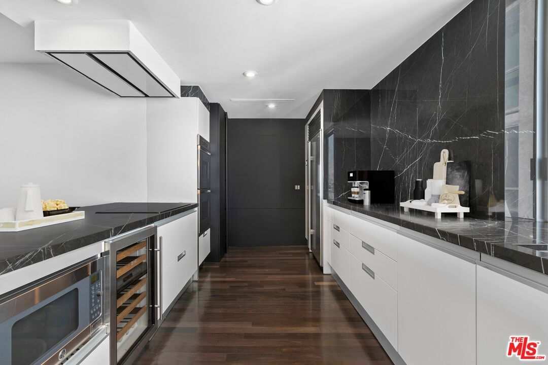 Interior, Kitchen, Marble Walls, Recessed Lighting, Wood Texture Flooring