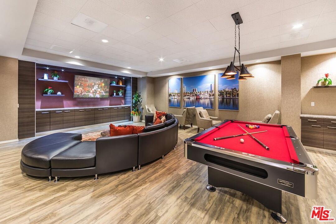 Billiard Table, Game Room, Interior, Living room, Pendant Lights, Recessed Lighting, Water, Wood Texture Flooring