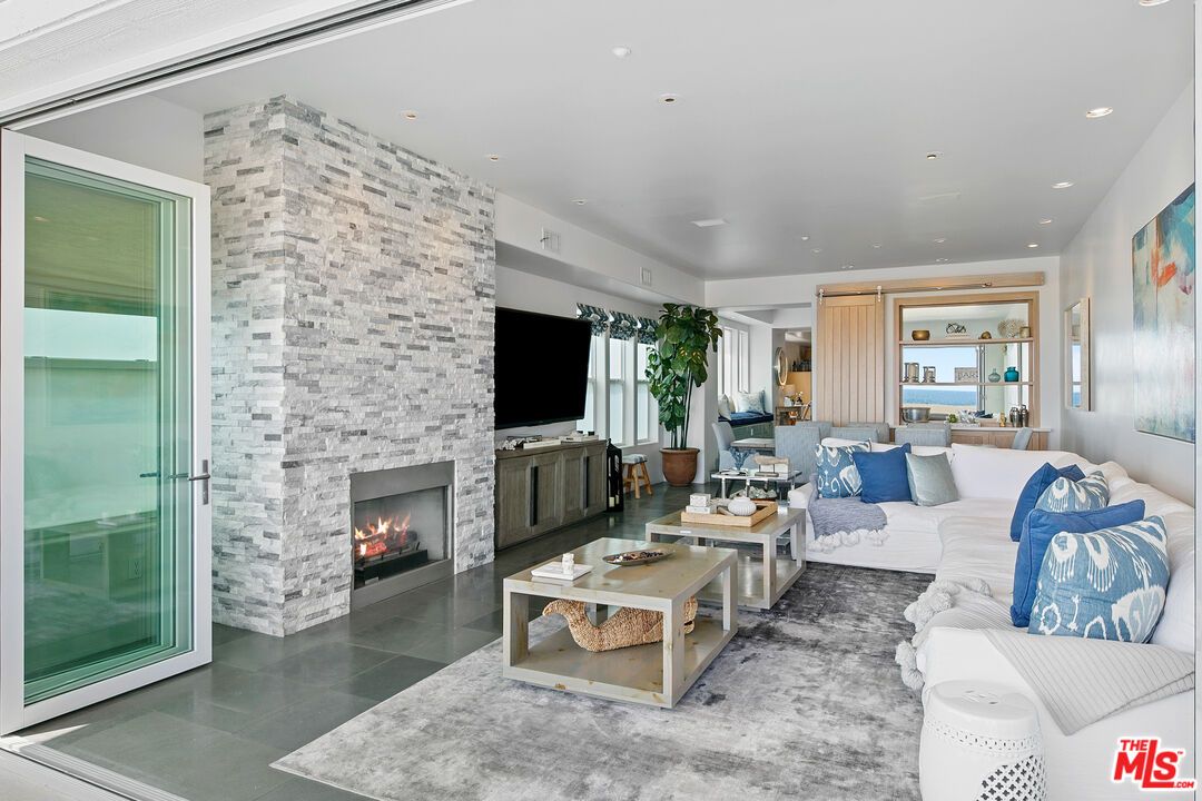Fireplace, Interior, Living room, Recessed Lighting, Stone Walls