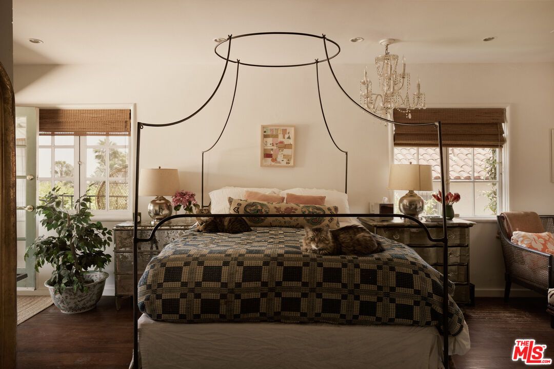 Bedroom, Chandelier, Interior, Recessed Lighting, Wood Texture Flooring