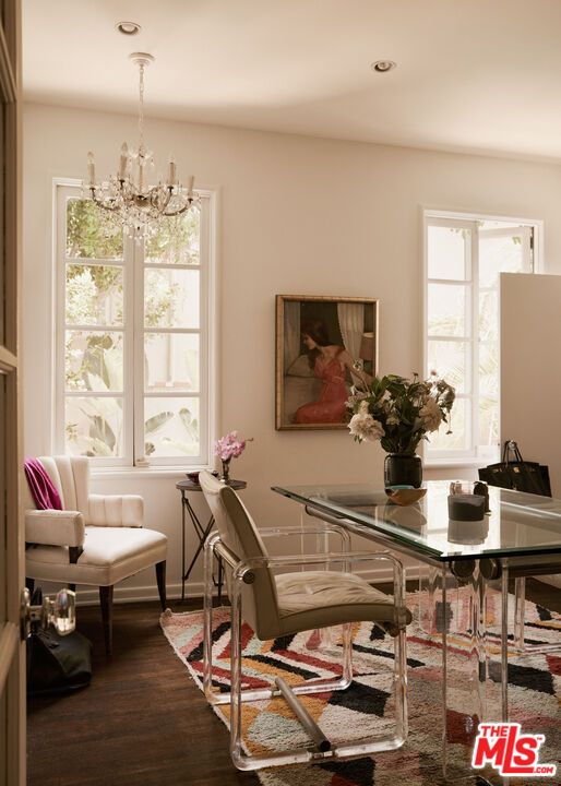 Chandelier, Home Office, Interior, Recessed Lighting, Wood Texture Flooring