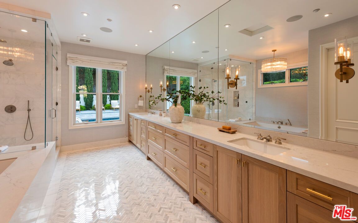 Bathroom, Chandelier, Dual Sink Vanities, Glass Shower, Interior, Marble, Marble Walls, Recessed Lighting