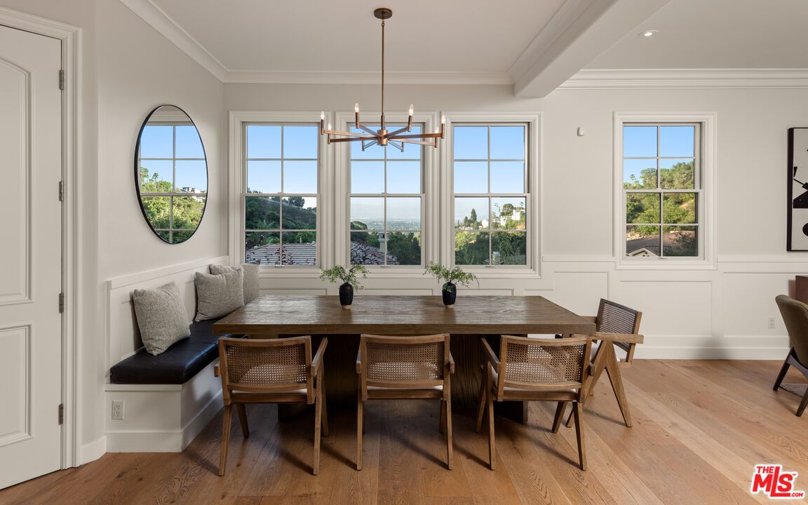 Dining room, Interior, Pendant Lights, Recessed Lighting, Wood Texture Flooring