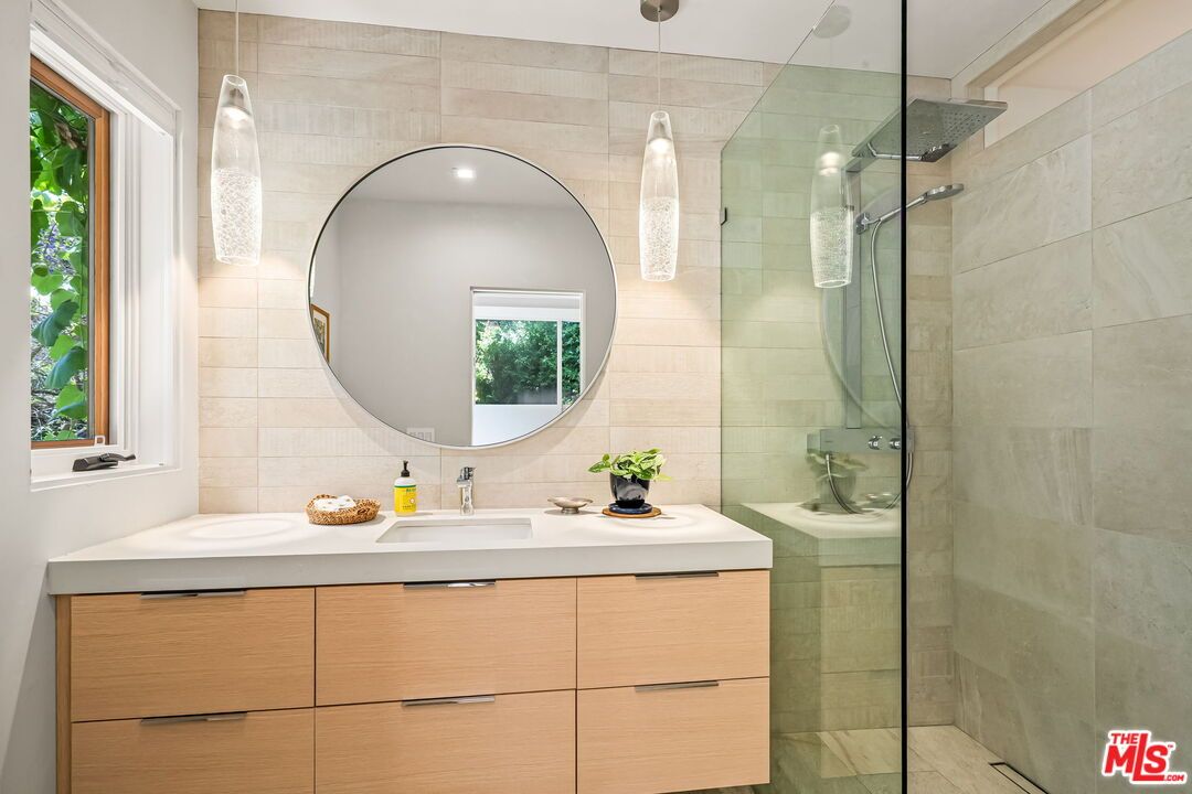 Bathroom, Dual Sink Vanities, Glass Shower, Interior, Pendant Lights