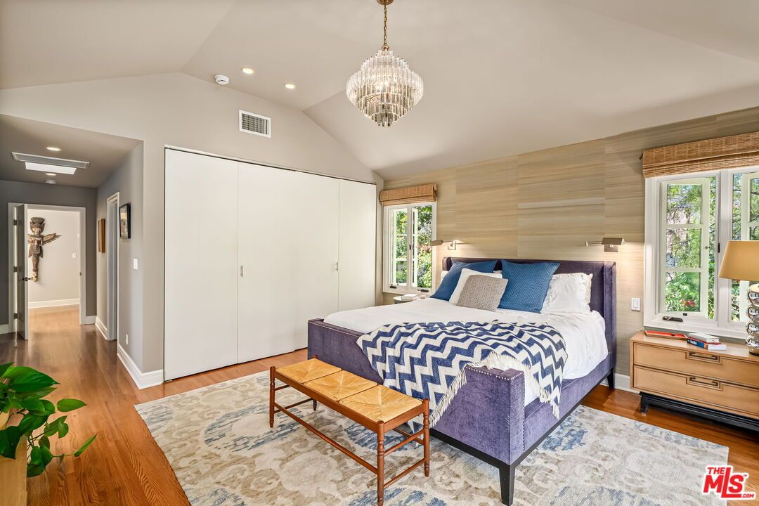 Bedroom, Chandelier, Interior, Recessed Lighting, Wood Texture Flooring