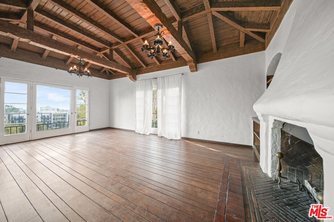 Chandelier, Empty room, Fireplace, Interior, Wooden Beams, Wooden Ceilings, Wood Texture Flooring