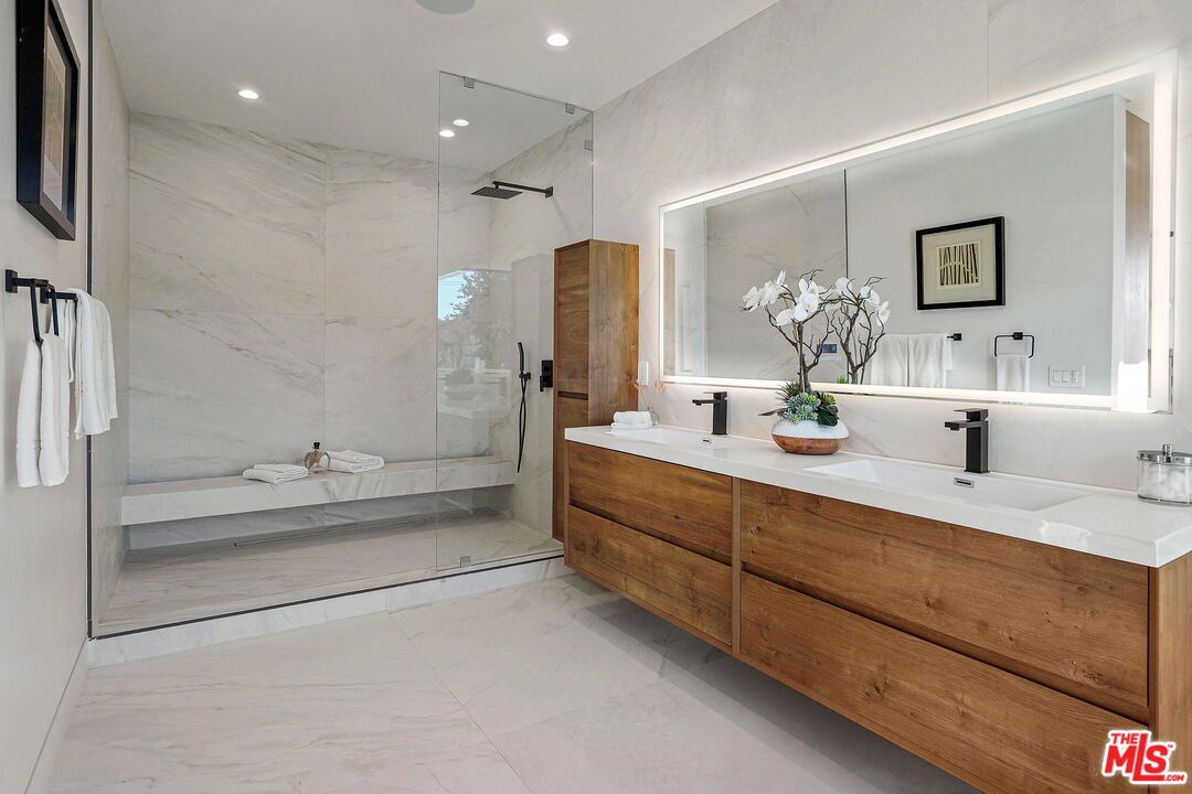 Bathroom, Dual Sink Vanities, Glass Shower, Interior, Marble, Marble Walls, Recessed Lighting