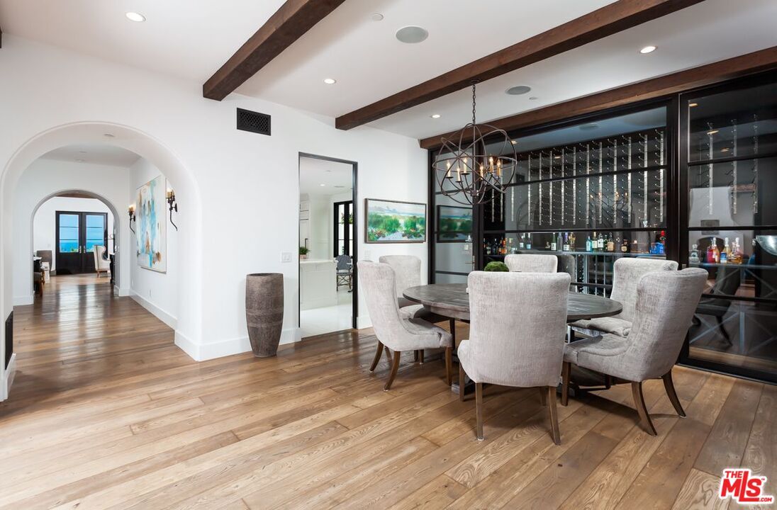 Chandelier, Dining room, Interior, Recessed Lighting, Wooden Beams, Wood Texture Flooring