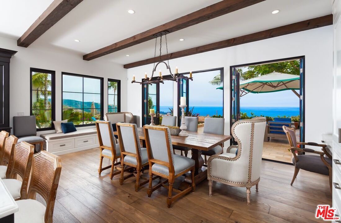 Chandelier, Dining room, Interior, Pendant Lights, Recessed Lighting, Water, Wooden Beams, Wood Texture Flooring