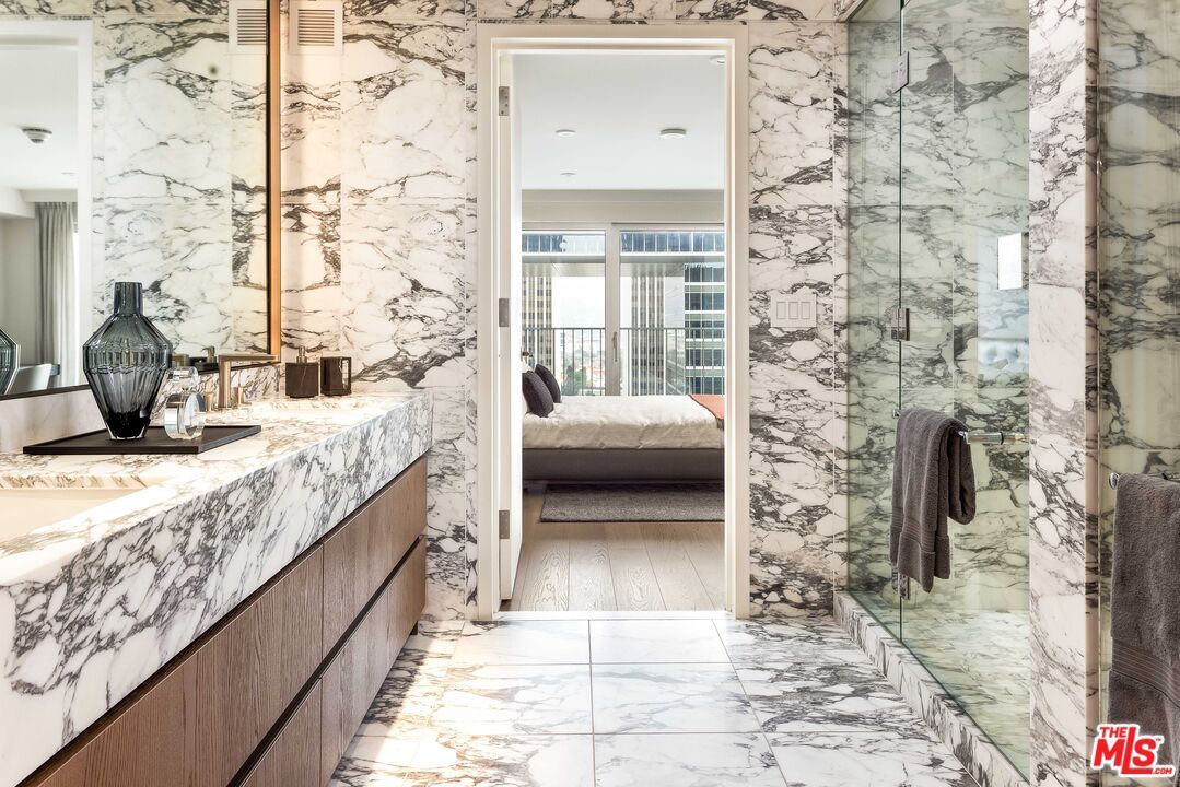 Bathroom, Glass Shower, Interior, Marble, Marble Walls, Recessed Lighting