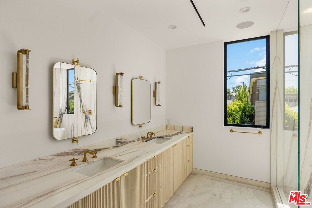 Bathroom, Dual Sink Vanities, Glass Shower, Interior, Marble, Recessed Lighting