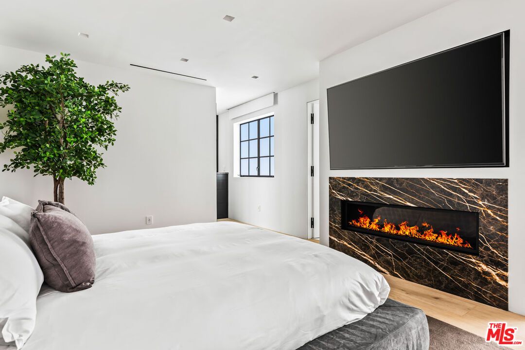 Bedroom, Fireplace, Interior, Recessed Lighting, Wood Texture Flooring