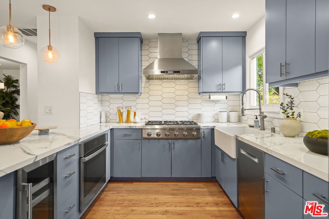 Interior, Kitchen, Pendant Lights, Recessed Lighting, Stainless Steel Appliances, Wood Texture Flooring