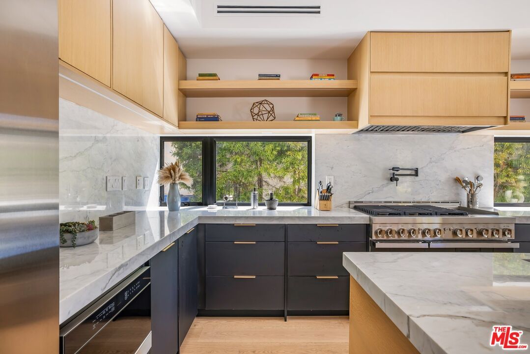 Interior, Kitchen, Marble Walls, Stainless Steel Appliances, Wood Texture Flooring