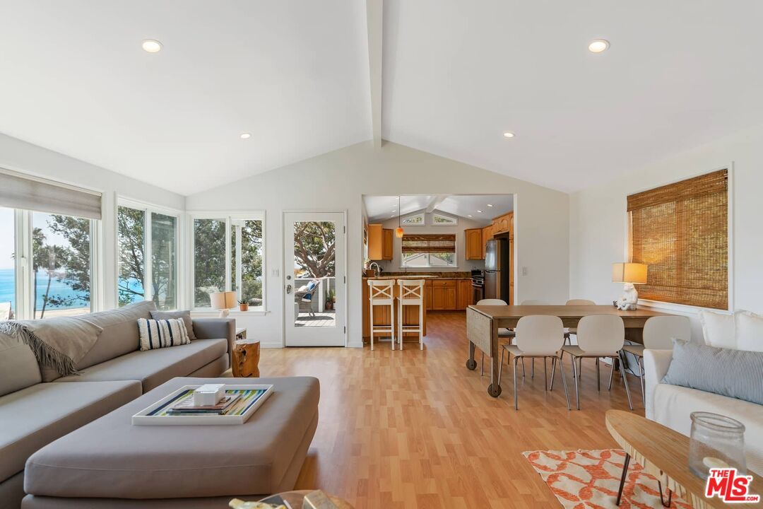 Dining room, Interior, Kitchen, Living room, Recessed Lighting, Water, Wood Texture Flooring