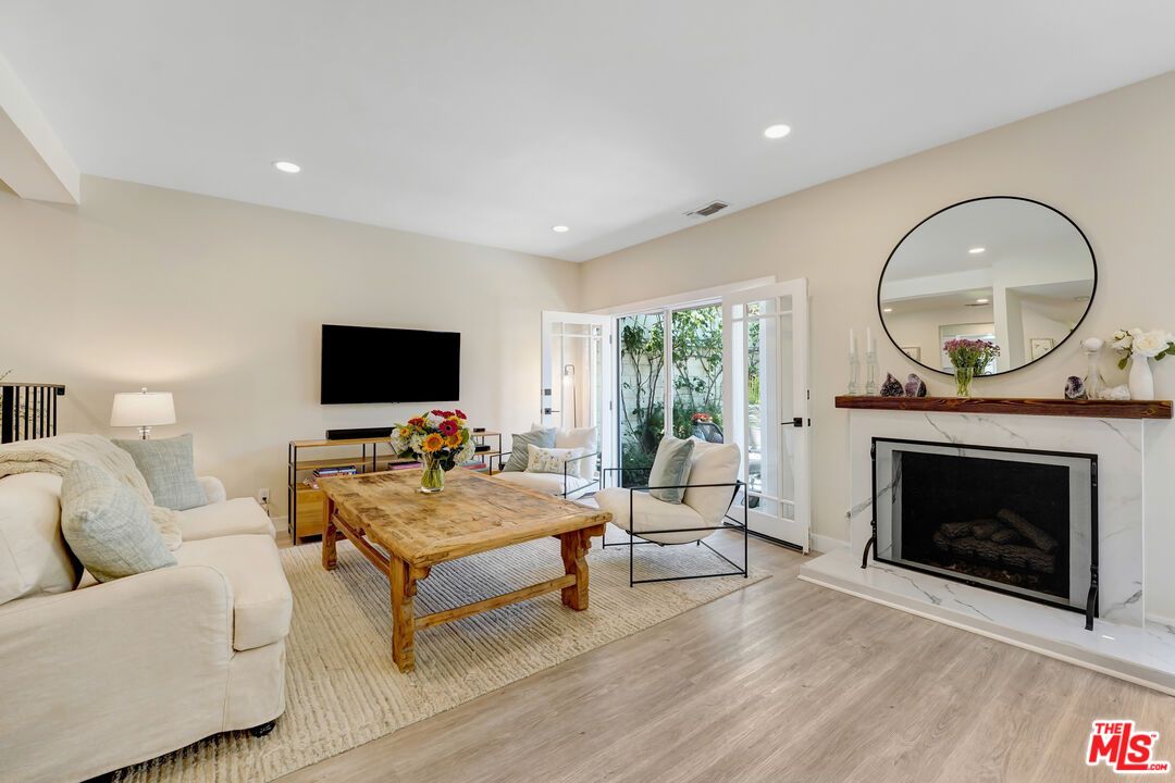 Fireplace, Interior, Living room, Recessed Lighting, Wood Texture Flooring