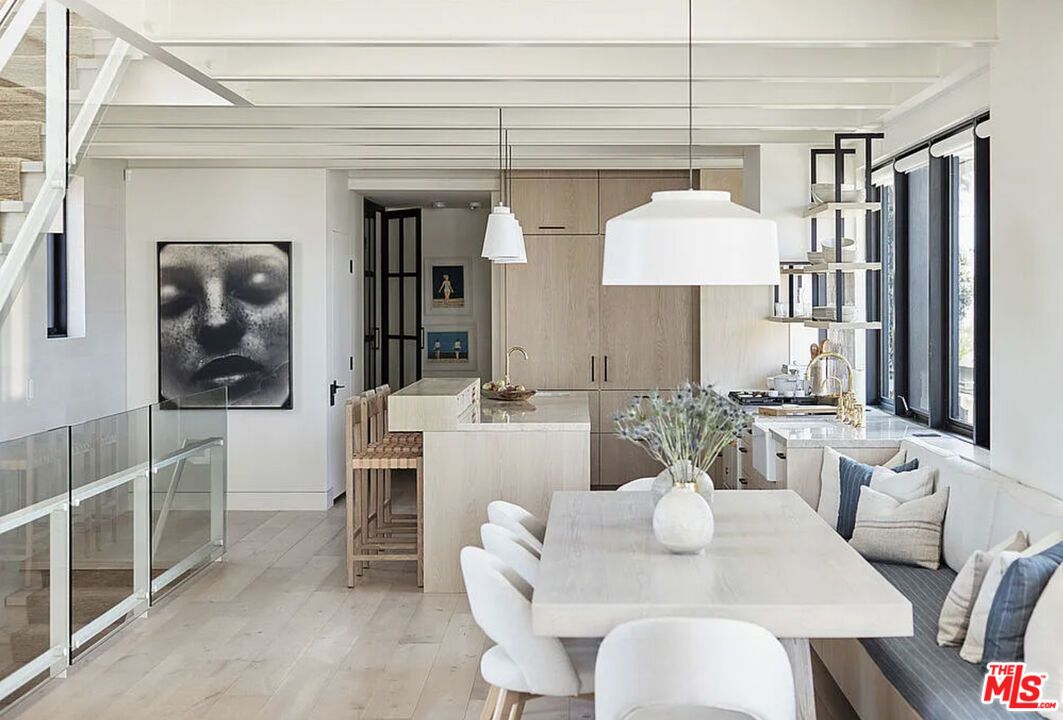 Dining room, Interior, Kitchen, Pendant Lights, Wood Texture Flooring