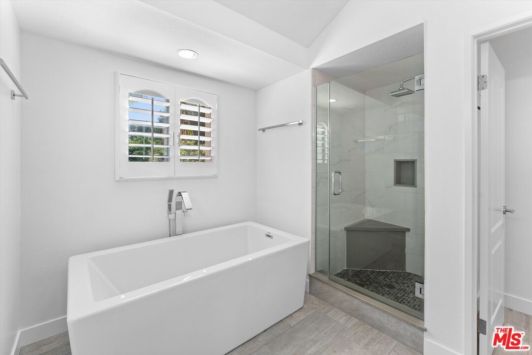 Bathroom, Glass Shower, Interior, Marble Walls, Recessed Lighting, Wood Texture Flooring