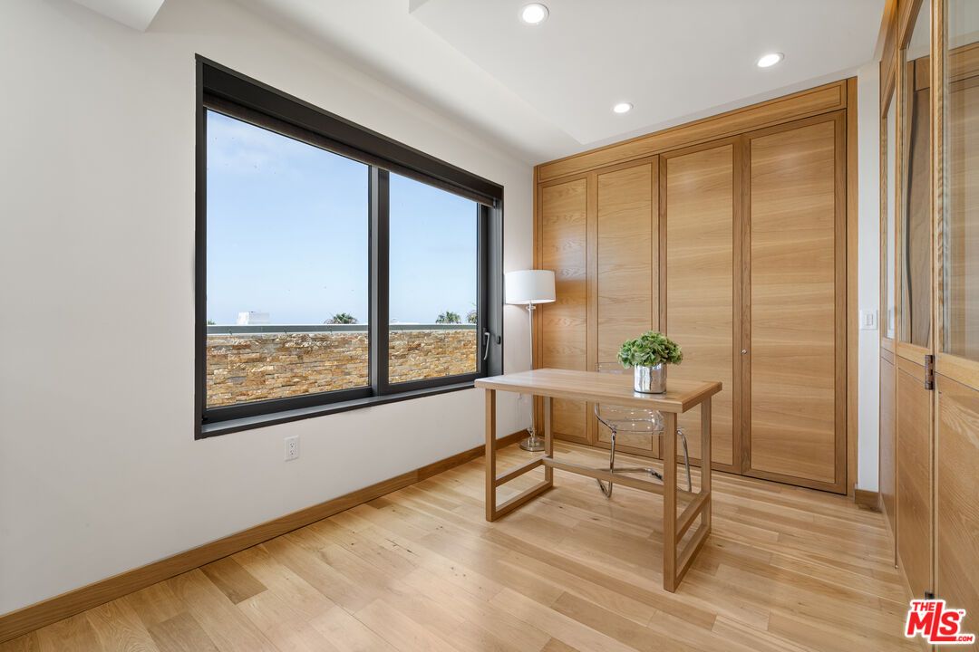 Home Office, Interior, Recessed Lighting, Wood Texture Flooring, Wooden Walls