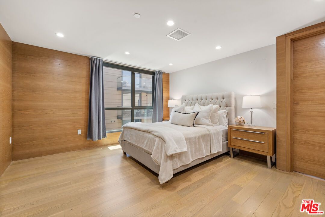 Bedroom, Interior, Recessed Lighting, Wood Texture Flooring, Wooden Walls
