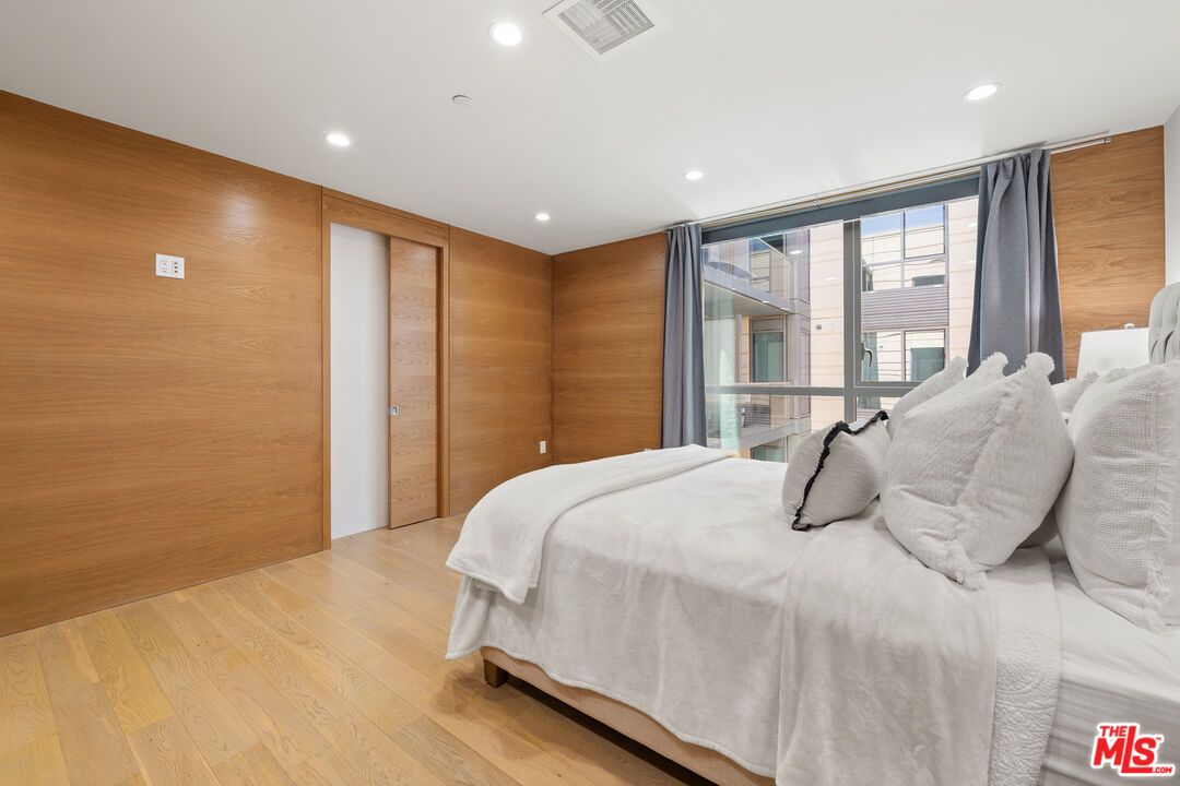 Bedroom, Interior, Recessed Lighting, Wood Texture Flooring, Wooden Walls