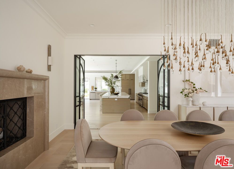 Dining room, Fireplace, Interior, Kitchen, Pendant Lights, Wood Texture Flooring