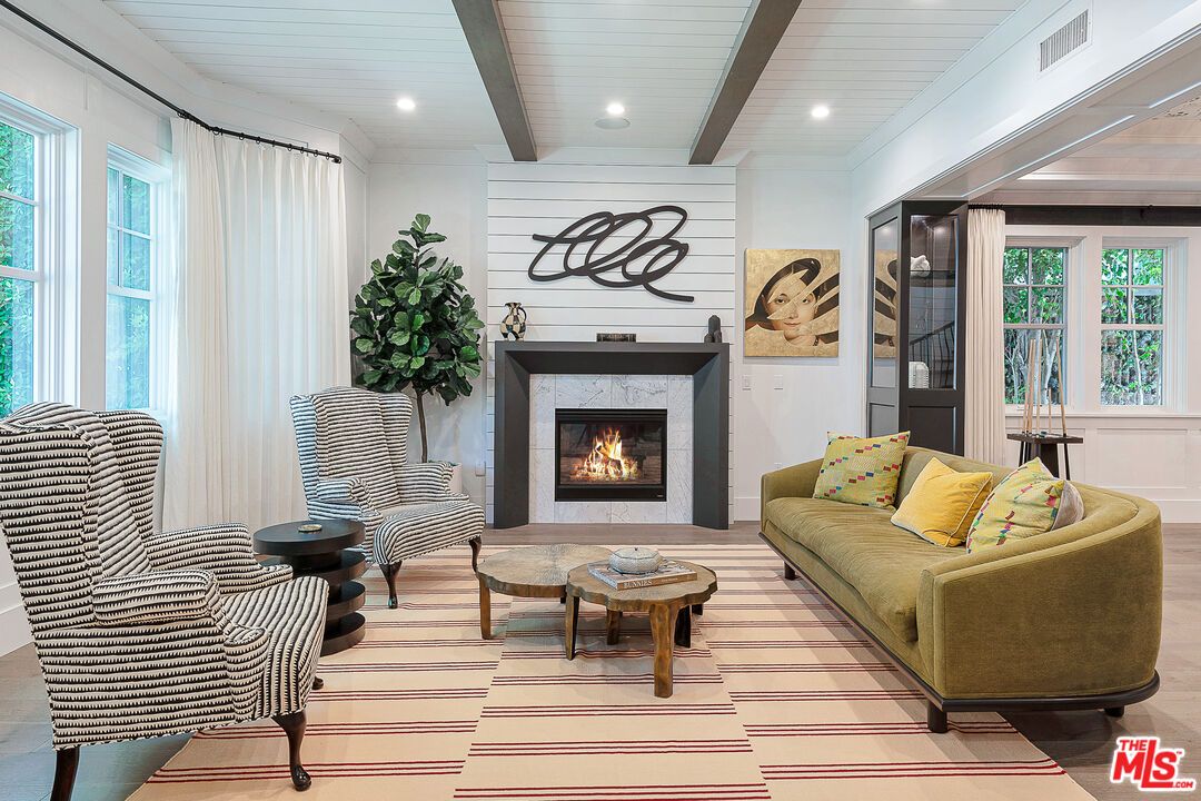 Fireplace, Interior, Living room, Recessed Lighting, Wooden Beams, Wood Texture Flooring