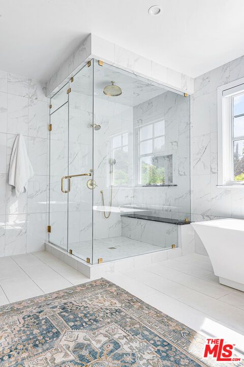 Bathroom, Free Standing Baths, Glass Shower, Interior, Marble Walls, Recessed Lighting