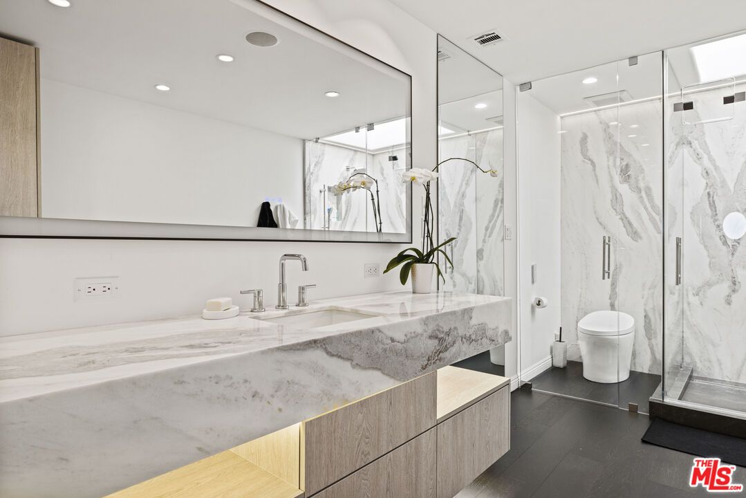 Bathroom, Glass Shower, Interior, Marble Walls, Recessed Lighting, Wood Texture Flooring