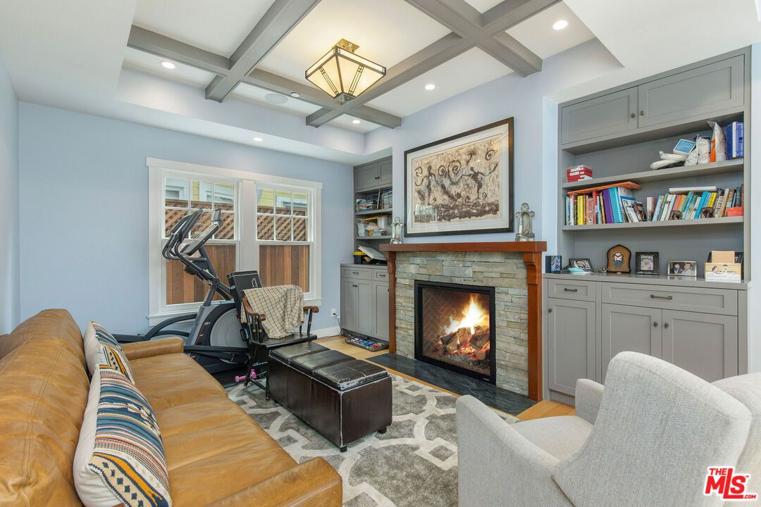 Fireplace, Fitness Equipment, Interior, Living room, Recessed Lighting, Wooden Beams