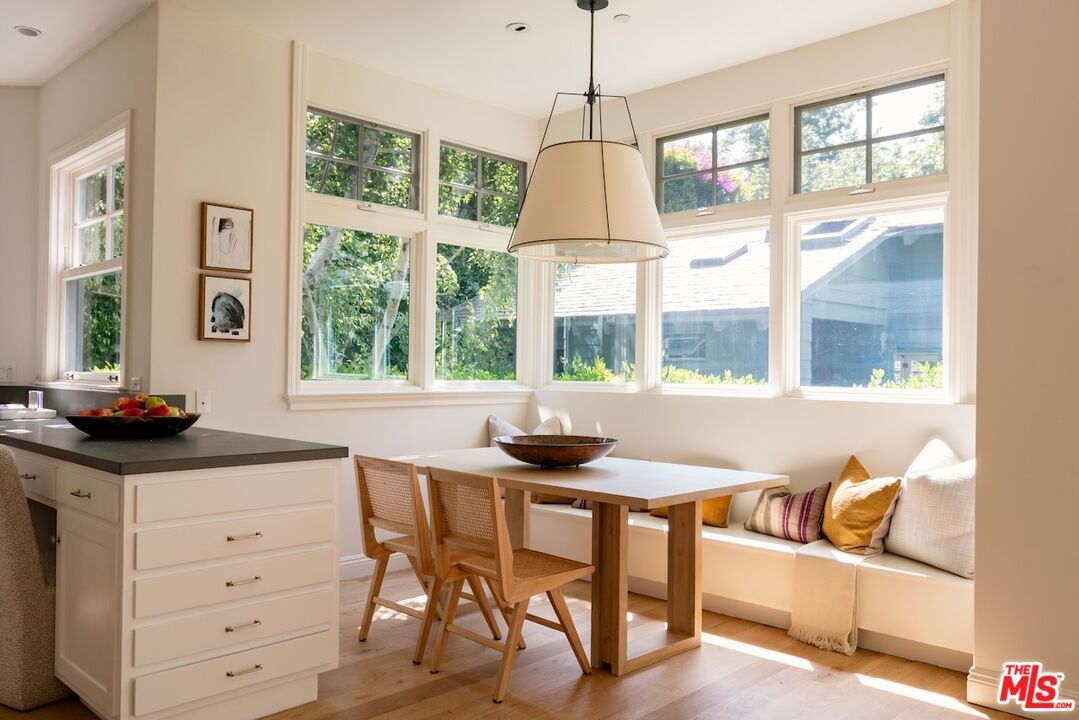 Dining room, Interior, Pendant Lights, Recessed Lighting, Wood Texture Flooring