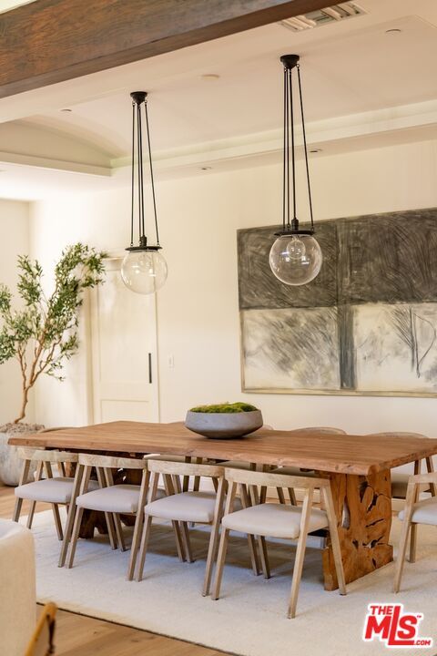 Dining room, Interior, Pendant Lights, Wood Texture Flooring