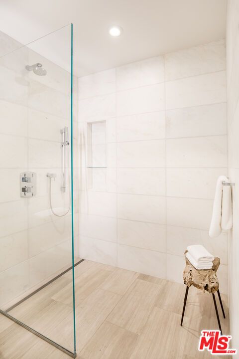Bathroom, Glass Shower, Interior, Recessed Lighting, Wood Texture Flooring
