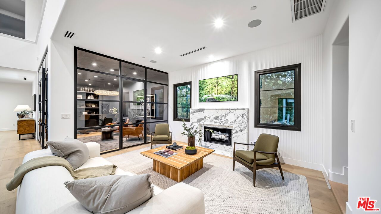 Fireplace, Interior, Living room, Recessed Lighting, Wood Texture Flooring