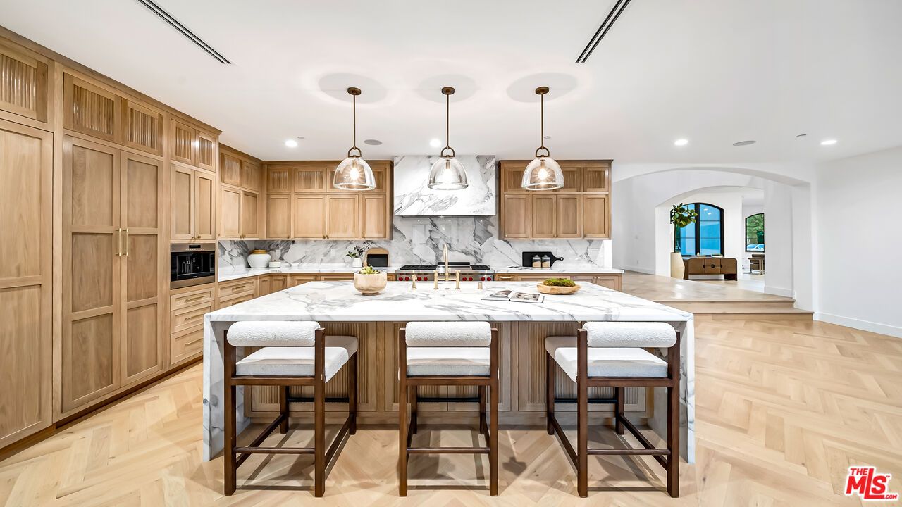 Interior, Kitchen, Marble Walls, Pendant Lights, Recessed Lighting, Wood Texture Flooring